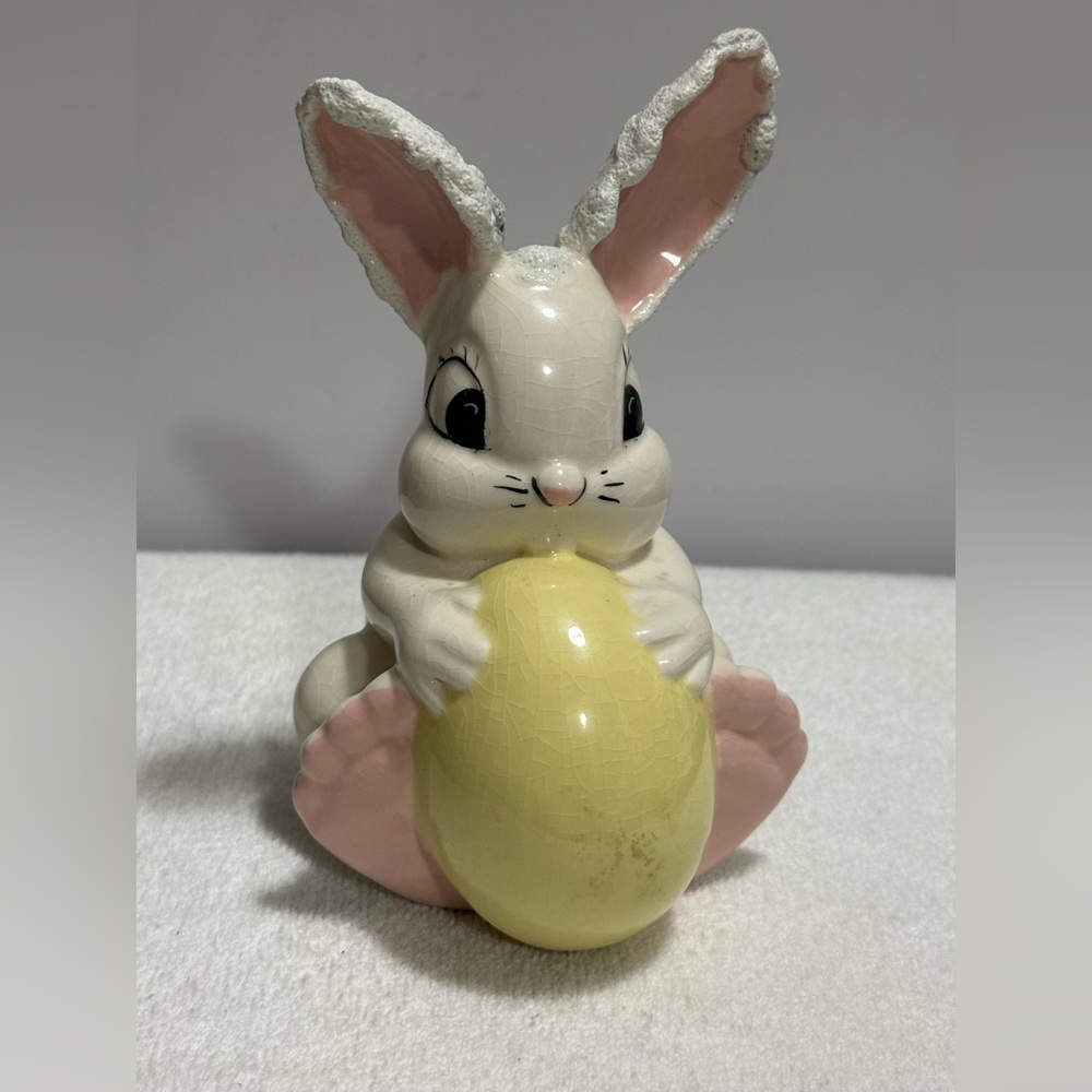 Vintage Ceramic Hand Painted Easter Bunny Rabbit Figurine Holding Yellow Egg